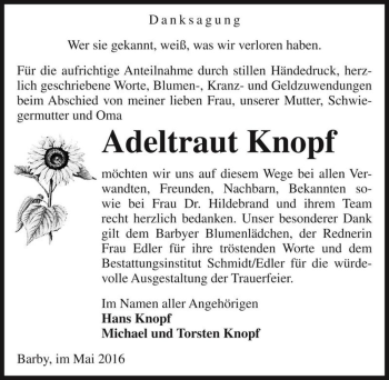 Traueranzeige von Adeltraut Knopf  von Magdeburger Volksstimme