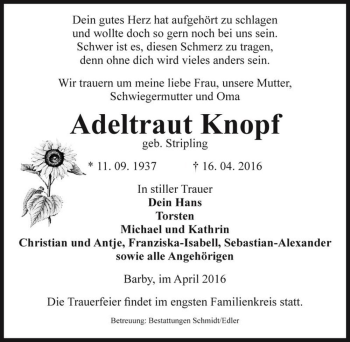 Traueranzeige von Adeltraut Knopf (geb. Stripling)  von Magdeburger Volksstimme