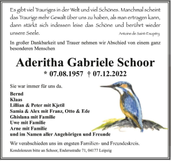 Traueranzeige von Aderitha Gabriele Schoor  von Magdeburger Volksstimme