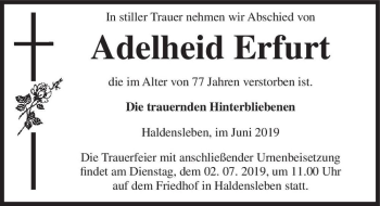 Traueranzeige von Adleheit Erfurt  von Magdeburger Volksstimme