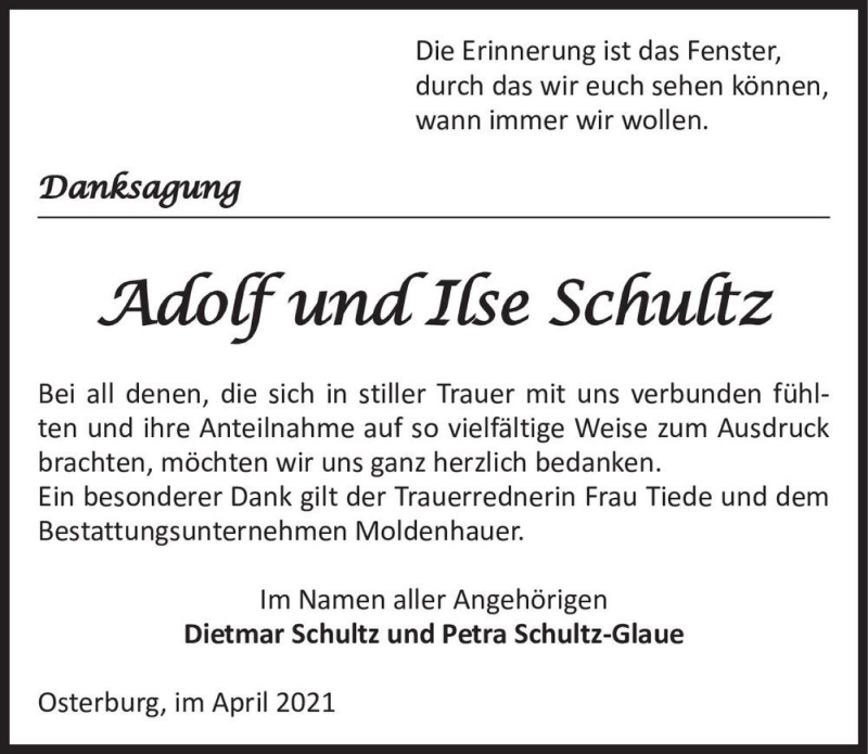  Traueranzeige für Adolf & Ilse Schultz  vom 24.04.2021 aus Magdeburger Volksstimme