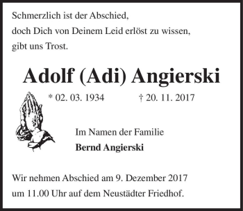 Traueranzeige von Adolf (Adi) Angierski  von Magdeburger Volksstimme