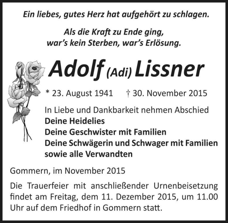  Traueranzeige für Adolf (Adi) Lissner  vom 07.12.2015 aus Magdeburger Volksstimme