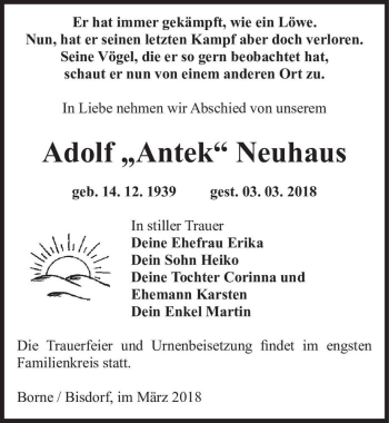 Traueranzeige von Adolf 