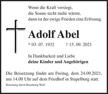 Traueranzeige von Adolf Abel  von Magdeburger Volksstimme