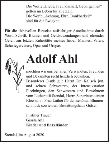 Traueranzeige von Adolf Ahl  von Magdeburger Volksstimme