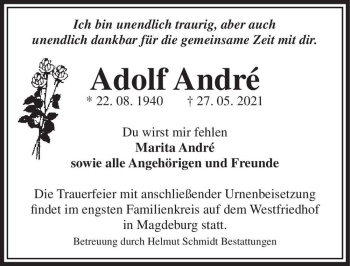 Traueranzeige von Adolf André  von Magdeburger Volksstimme