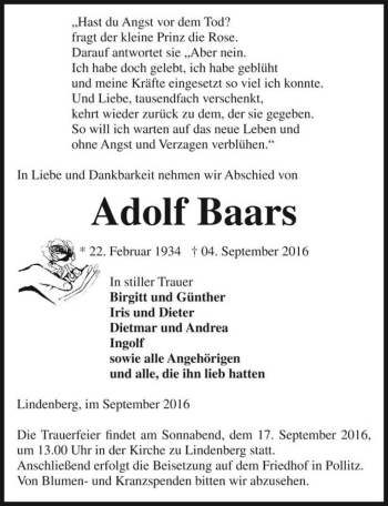 Traueranzeige von Adolf Baars  von Magdeburger Volksstimme