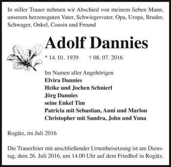 Traueranzeige von Adolf Dannies  von Magdeburger Volksstimme