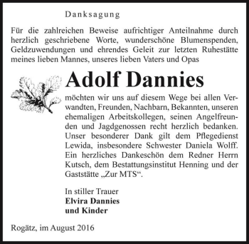 Traueranzeige von Adolf Dannies  von Magdeburger Volksstimme