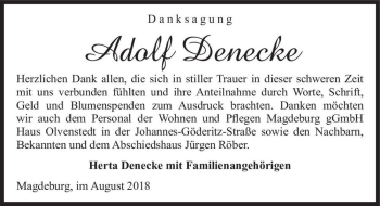 Traueranzeige von Adolf Denecke  von Magdeburger Volksstimme