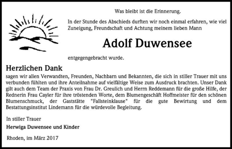  Traueranzeige für Adolf Duwensee  vom 11.03.2017 aus Magdeburger Volksstimme
