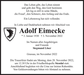 Traueranzeige von Adolf Eimecke  von Magdeburger Volksstimme