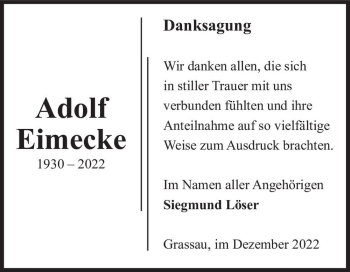 Traueranzeige von Adolf Eimecke  von Magdeburger Volksstimme