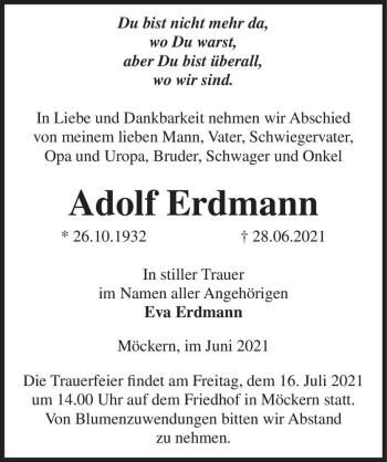 Traueranzeige von Adolf Erdmann  von Magdeburger Volksstimme