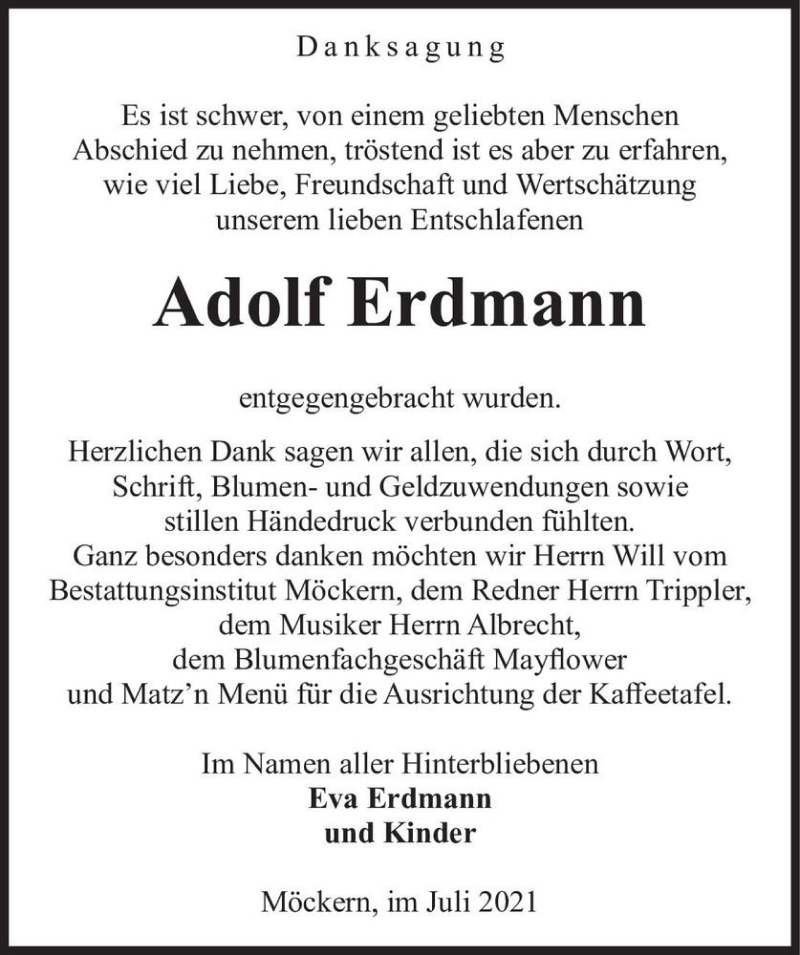  Traueranzeige für Adolf Erdmann  vom 24.07.2021 aus Magdeburger Volksstimme