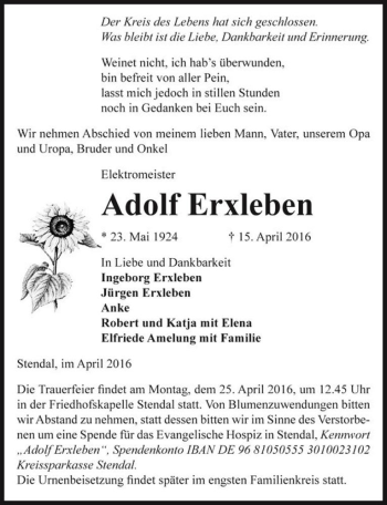 Traueranzeige von Adolf Erxleben  von Magdeburger Volksstimme