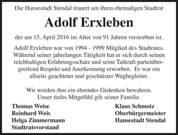 Traueranzeige von Adolf Erxleben  von Magdeburger Volksstimme