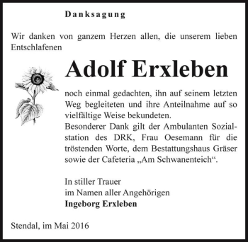Traueranzeige von Adolf Erxleben  von Magdeburger Volksstimme