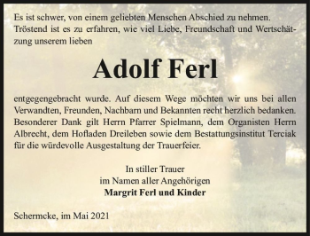 Traueranzeige von Adolf Ferl  von Magdeburger Volksstimme