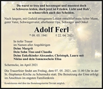 Traueranzeige von Adolf Ferl  von Magdeburger Volksstimme