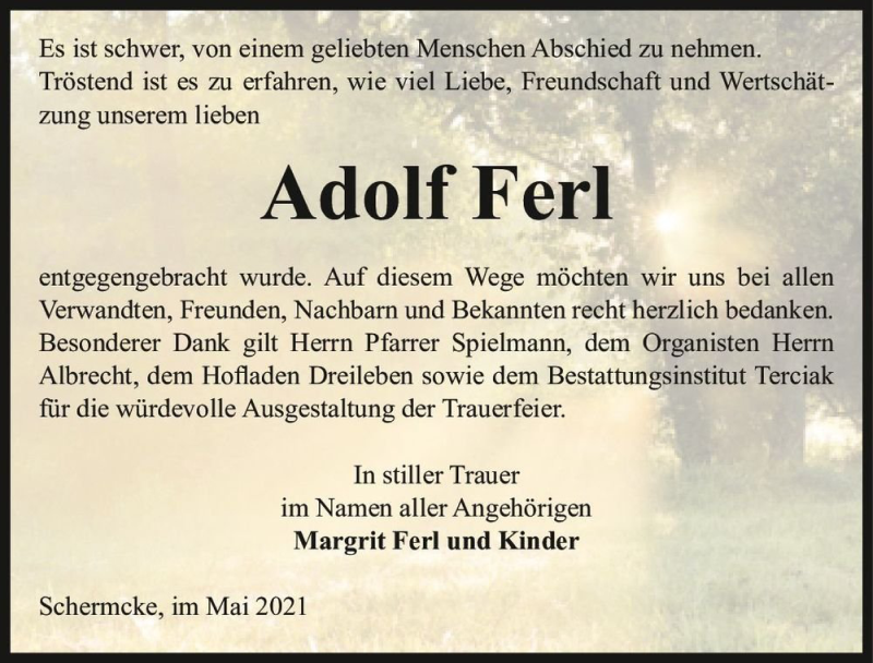  Traueranzeige für Adolf Ferl  vom 15.05.2021 aus Magdeburger Volksstimme