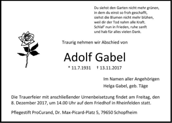 Traueranzeige von Adolf Gabel  von Magdeburger Volksstimme