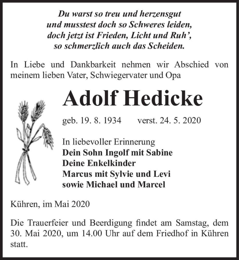  Traueranzeige für Adolf Hedicke  vom 27.05.2020 aus Magdeburger Volksstimme