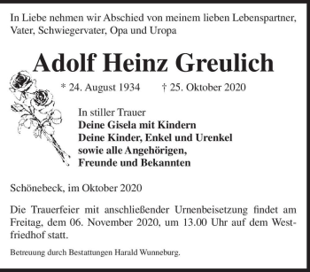 Traueranzeige von Adolf Heinz Greulich  von Magdeburger Volksstimme