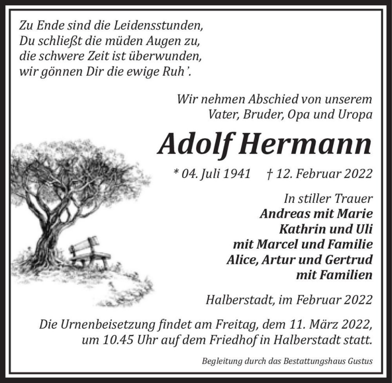  Traueranzeige für Adolf Hermann  vom 19.02.2022 aus Magdeburger Volksstimme
