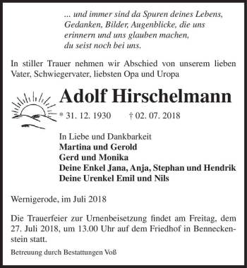Traueranzeige von Adolf Hirschelmann  von Magdeburger Volksstimme