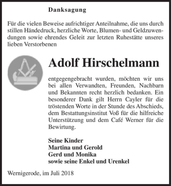 Traueranzeige von Adolf Hirschelmann  von Magdeburger Volksstimme