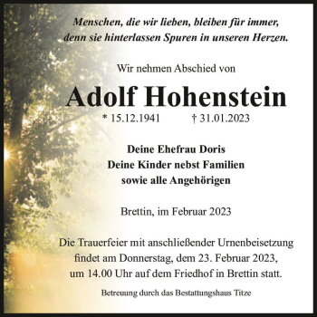 Traueranzeige von Adolf Hohenstein  von Magdeburger Volksstimme
