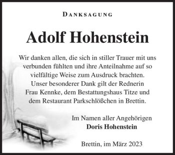Traueranzeige von Adolf Hohenstein  von Magdeburger Volksstimme
