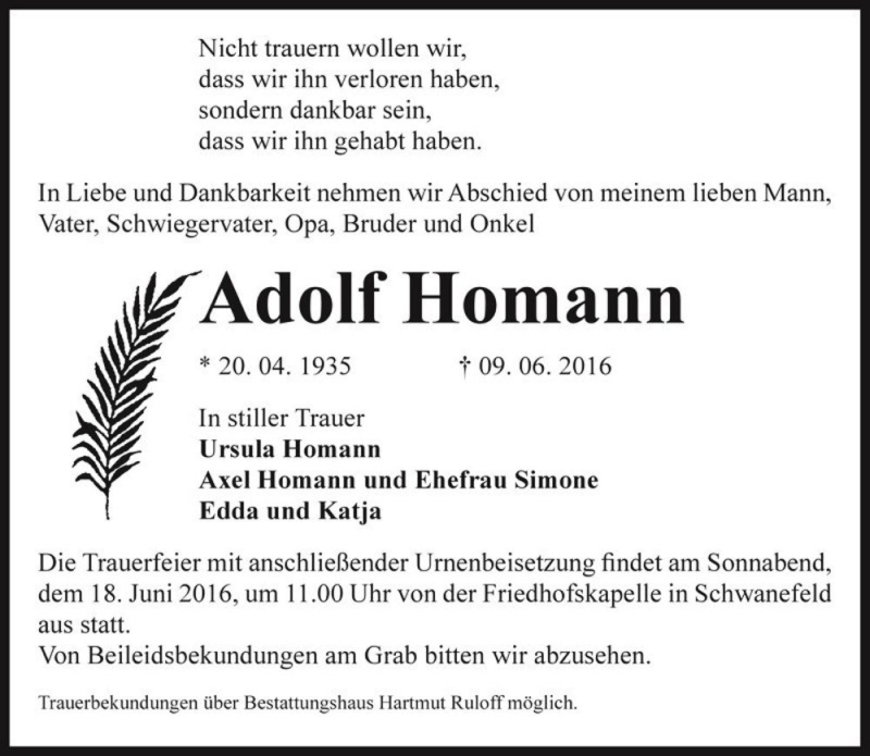  Traueranzeige für Adolf Homann  vom 11.06.2016 aus Magdeburger Volksstimme