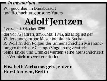 Traueranzeige von Adolf Jentzen  von Magdeburger Volksstimme