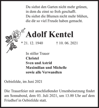 Traueranzeige von Adolf Kentel  von Magdeburger Volksstimme