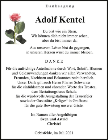 Traueranzeige von Adolf Kentel  von Magdeburger Volksstimme