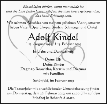 Traueranzeige von Adolf Kindel  von Magdeburger Volksstimme