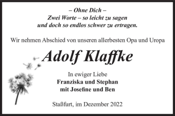Traueranzeige von Adolf Klaffke  von Magdeburger Volksstimme