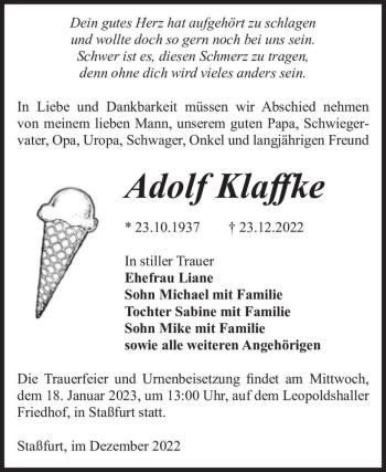 Traueranzeige von Adolf Klaffke  von Magdeburger Volksstimme