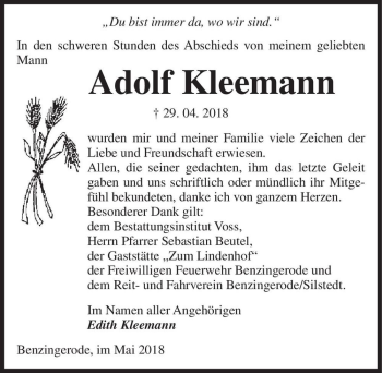 Traueranzeige von Adolf Kleemann  von Magdeburger Volksstimme