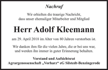 Traueranzeige von Adolf Kleemann  von Magdeburger Volksstimme