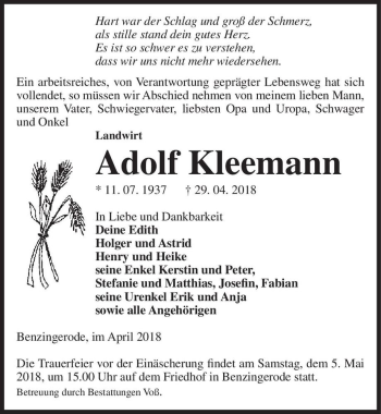 Traueranzeige von Adolf Kleemann  von Magdeburger Volksstimme