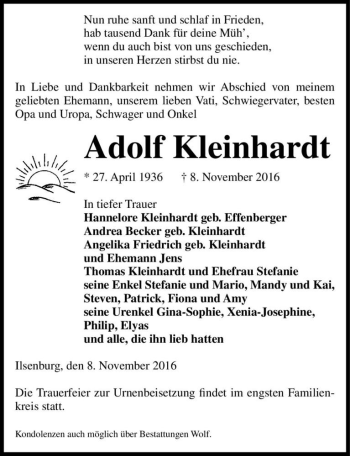 Traueranzeige von Adolf Kleinhardt  von Magdeburger Volksstimme