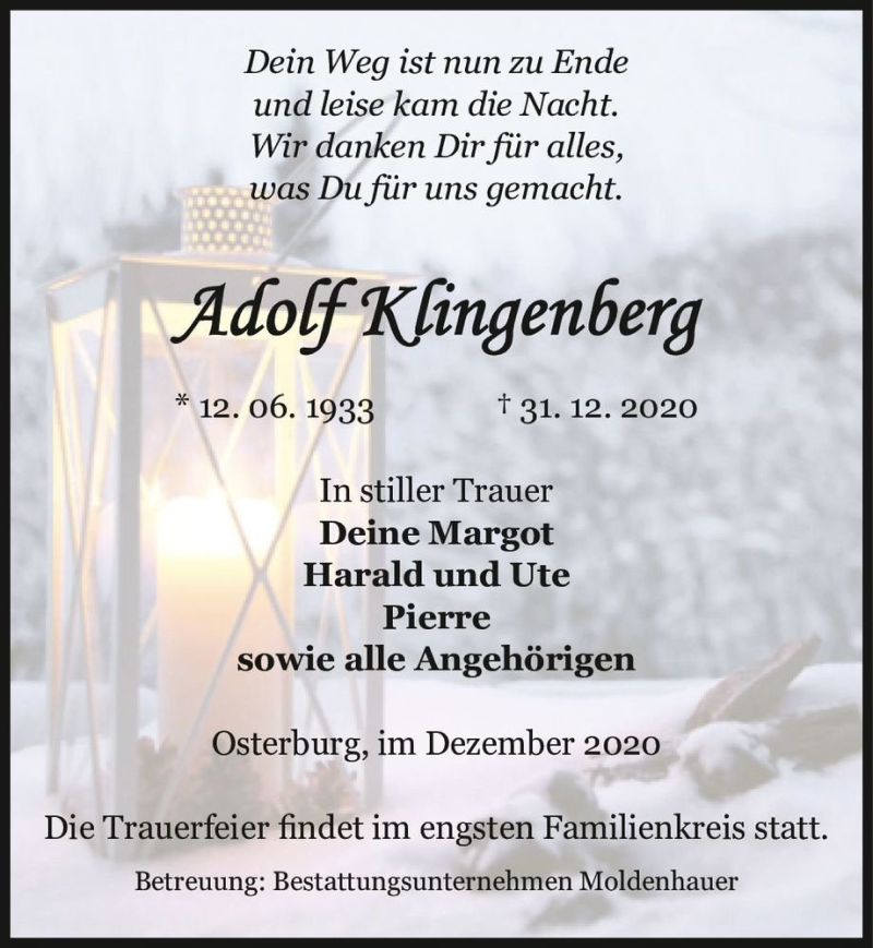  Traueranzeige für Adolf Klingenberg  vom 09.01.2021 aus Magdeburger Volksstimme