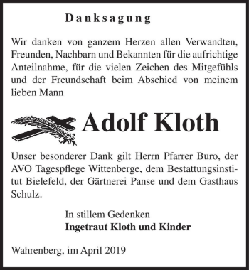 Traueranzeige von Adolf Kloth  von Magdeburger Volksstimme