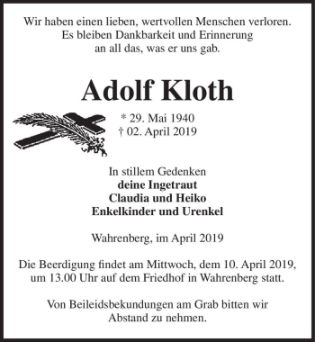 Traueranzeige von Adolf Kloth  von Magdeburger Volksstimme