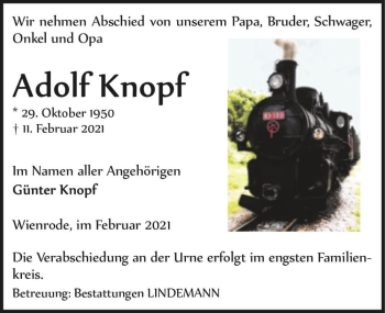 Traueranzeige von Adolf Knopf  von Magdeburger Volksstimme