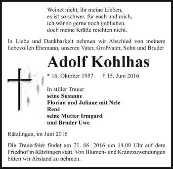 Traueranzeige von Adolf Kohlhas  von Magdeburger Volksstimme